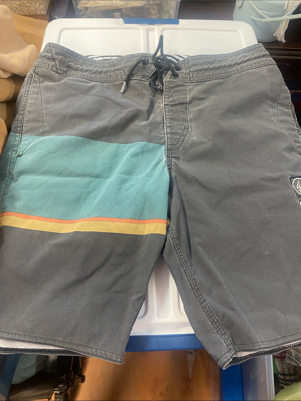 Volcom -vintage Y2K Gray Board Shorts with Teal and Yellow Stripe